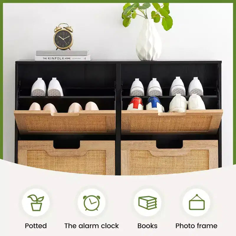 Meuble à chaussures en rotin pour entrée avec 4 portes, étagères réglables, peut contenir 20 paires, mobilier de rangement moderne, grande capacité de rangement