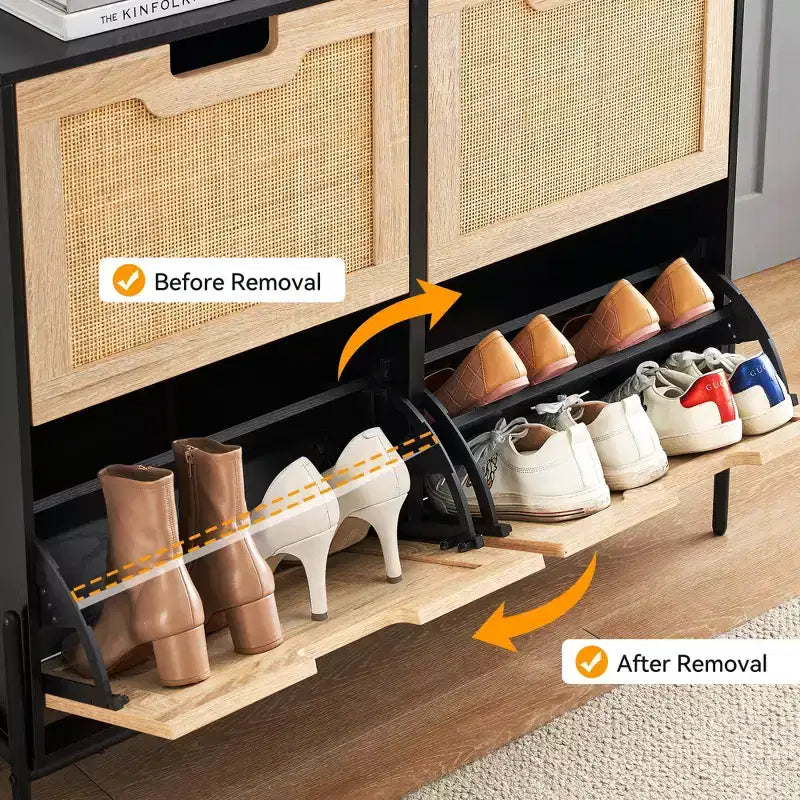 Meuble à chaussures en rotin pour entrée avec 4 portes, étagères réglables, peut contenir 20 paires, mobilier de rangement moderne, grande capacité de rangement
