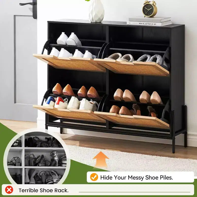 Meuble à chaussures en rotin pour entrée avec 4 portes, étagères réglables, peut contenir 20 paires, mobilier de rangement moderne, grande capacité de rangement