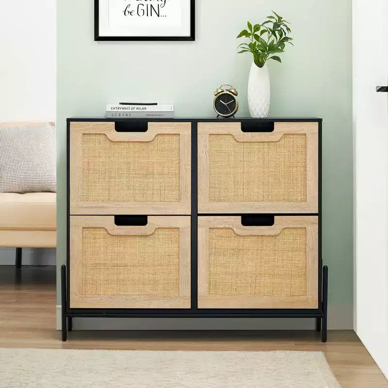 Rattan Shoe Cabinet Organizer for Entryway with 4 Doors, Adjustable Shelves,Holds 20 Pairs, Modern Storage Furniture, Spacious Storage Capacity
