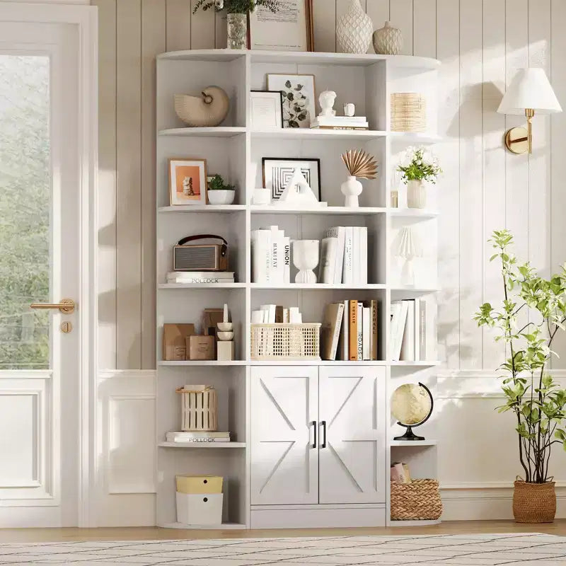 Bibliothèque de 190,5 cm de hauteur, étagère en bois à 6 niveaux de 119,4 cm de large, étagère de présentation de style ferme, meuble de rangement avec portes et étagères ouvertes pour salon et chambre