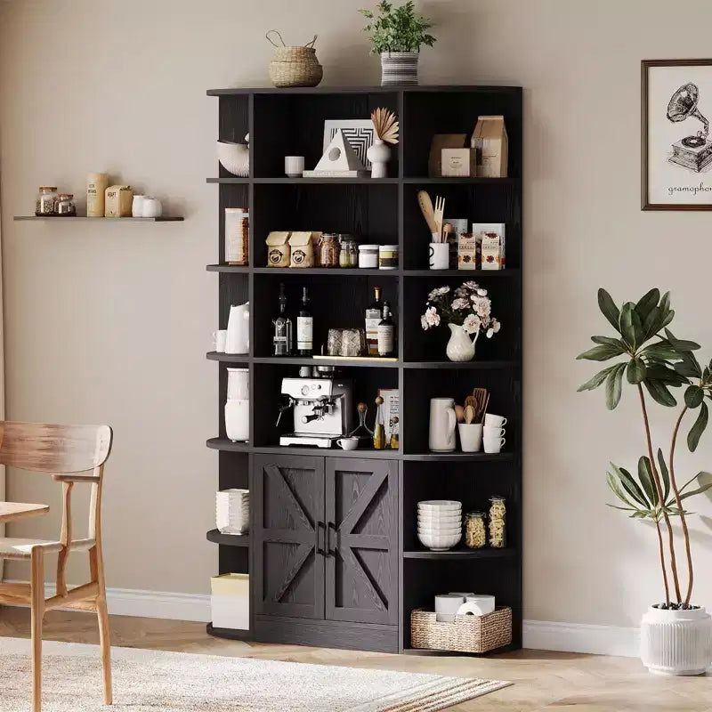 Bibliothèque de 190,5 cm de hauteur, étagère en bois à 6 niveaux de 119,4 cm de large, étagère de présentation de style ferme, meuble de rangement avec portes et étagères ouvertes pour salon et chambre