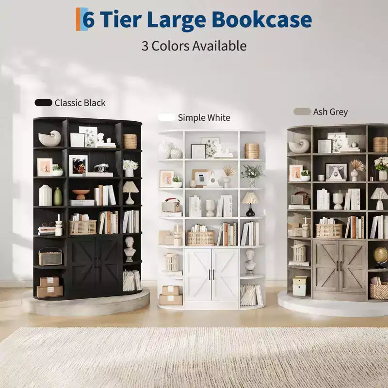 Bibliothèque de 190,5 cm de hauteur, étagère en bois à 6 niveaux de 119,4 cm de large, étagère de présentation de style ferme, meuble de rangement avec portes et étagères ouvertes pour salon et chambre