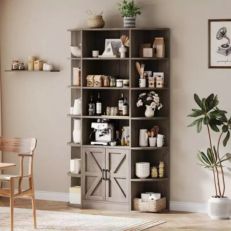 Bibliothèque de 190,5 cm de hauteur, étagère en bois à 6 niveaux de 119,4 cm de large, étagère de présentation de style ferme, meuble de rangement avec portes et étagères ouvertes pour salon et chambre