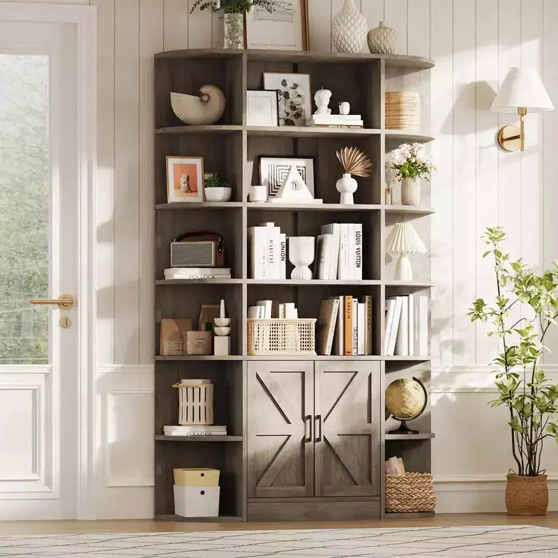 Bibliothèque de 190,5 cm de hauteur, étagère en bois à 6 niveaux de 119,4 cm de large, étagère de présentation de style ferme, meuble de rangement avec portes et étagères ouvertes pour salon et chambre