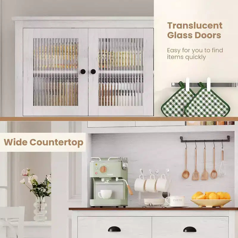 Meuble de rangement haut indépendant de 180 cm avec support micro-ondes, tiroirs et étagères réglables, meuble de cuisine de style campagnard pour la maison