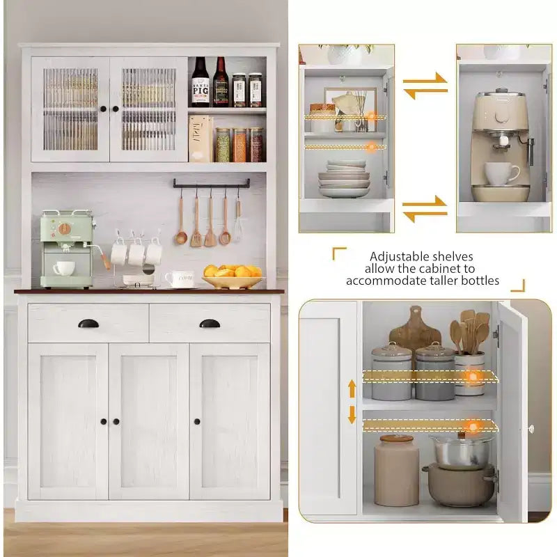 Meuble de rangement haut indépendant de 180 cm avec support micro-ondes, tiroirs et étagères réglables, meuble de cuisine de style campagnard pour la maison