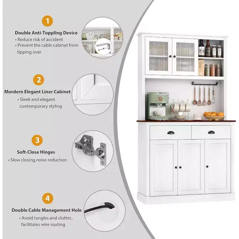 Meuble de rangement haut indépendant de 180 cm avec support micro-ondes, tiroirs et étagères réglables, meuble de cuisine de style campagnard pour la maison