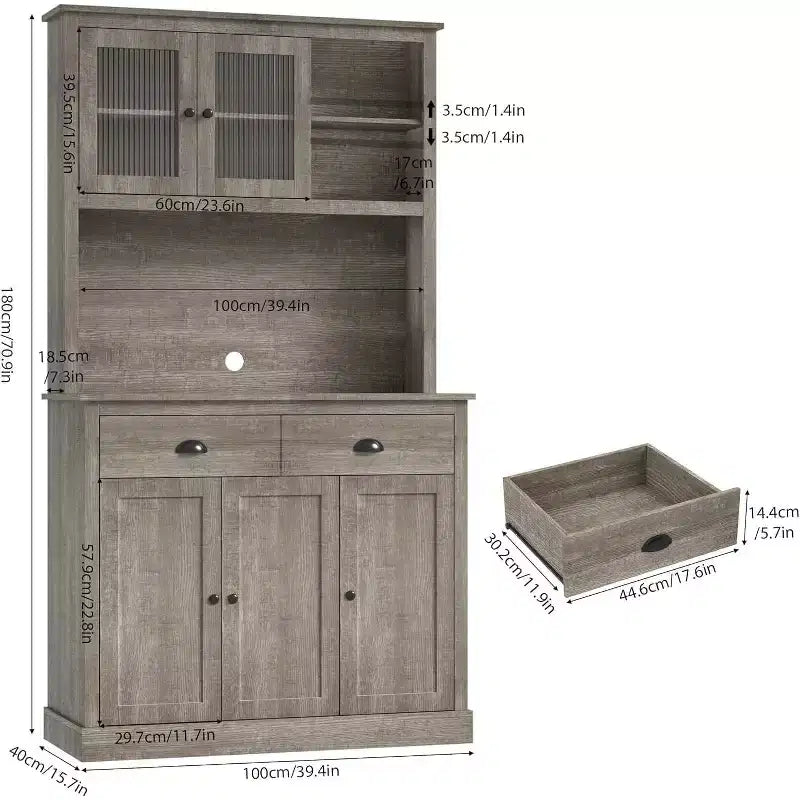 Meuble de rangement haut indépendant de 180 cm avec support micro-ondes, tiroirs et étagères réglables, meuble de cuisine de style campagnard pour la maison