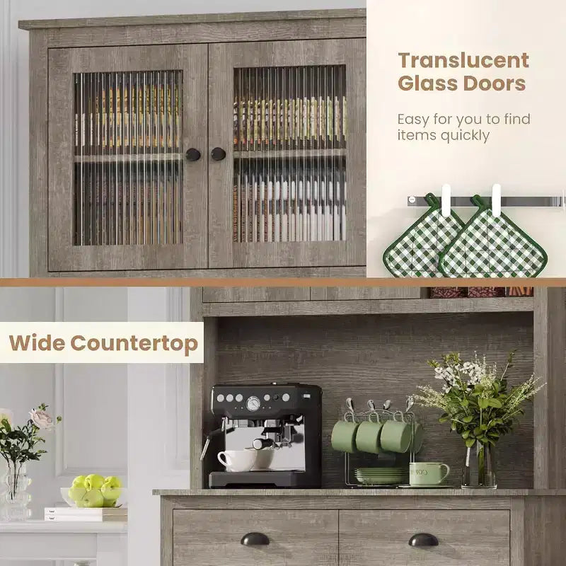 Meuble de rangement haut indépendant de 180 cm avec support micro-ondes, tiroirs et étagères réglables, meuble de cuisine de style campagnard pour la maison
