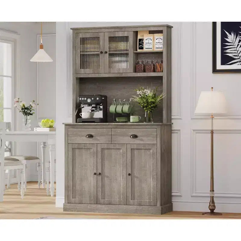 Meuble de rangement haut indépendant de 180 cm avec support micro-ondes, tiroirs et étagères réglables, meuble de cuisine de style campagnard pour la maison