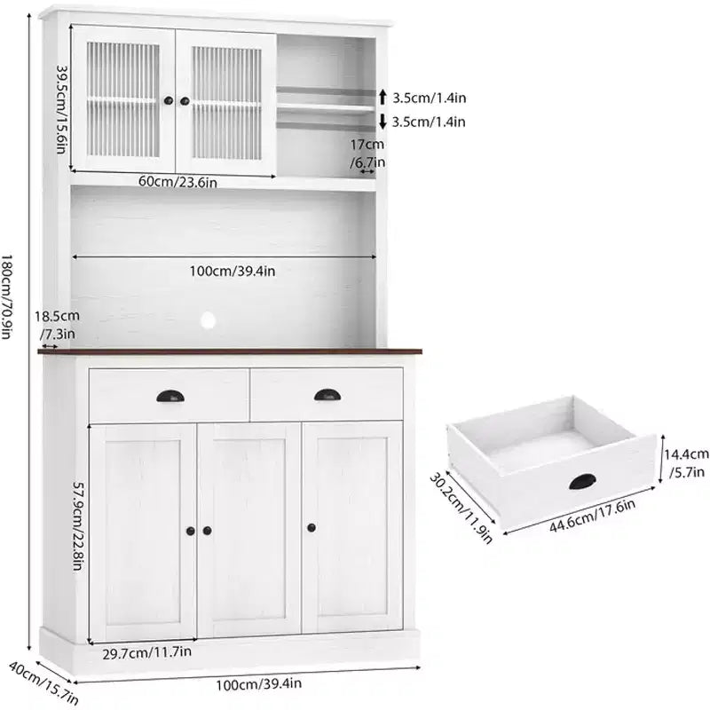 Meuble de rangement haut indépendant de 180 cm avec support micro-ondes, tiroirs et étagères réglables, meuble de cuisine de style campagnard pour la maison