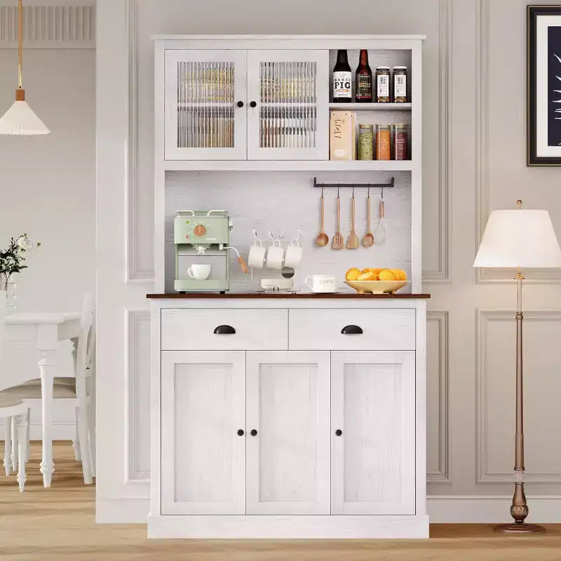 Meuble de rangement haut indépendant de 180 cm avec support micro-ondes, tiroirs et étagères réglables, meuble de cuisine de style campagnard pour la maison