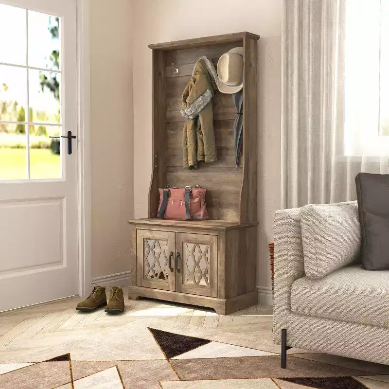 GALANO Hall Tree with Bench and Mirror Door Storage in Knotty Oak 31.3 W x 15.7 D x 68.3 H