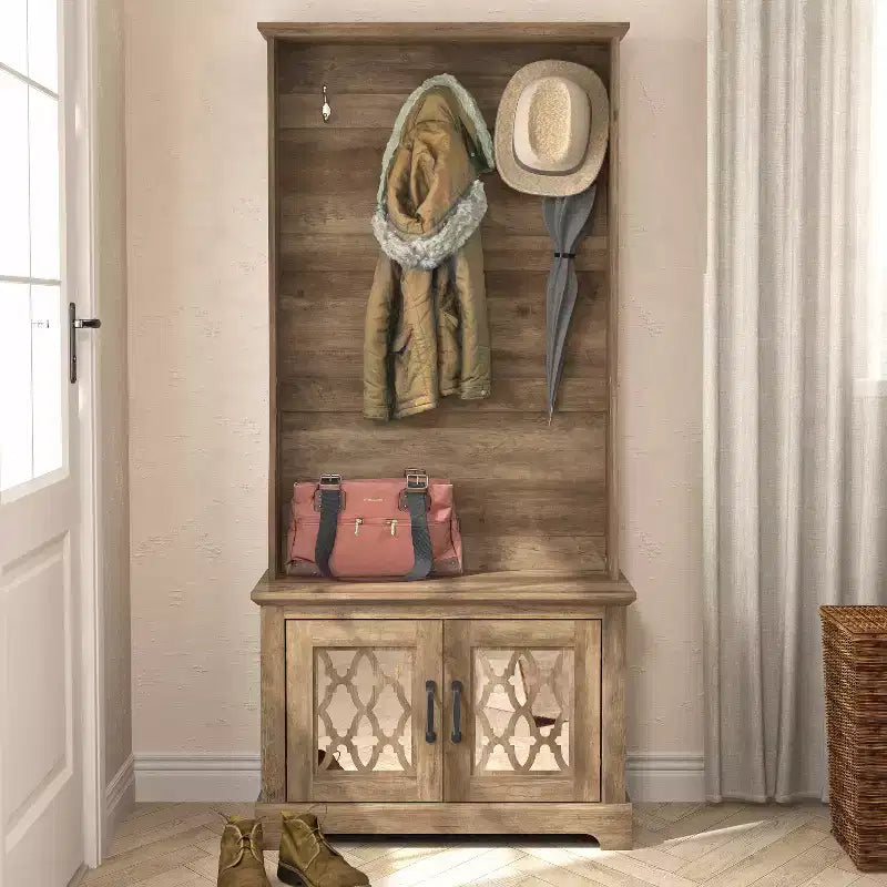 Meuble d'entrée GALANO avec banc et miroir de rangement en chêne noueux 31,3 L x 15,7 P x 68,3 H