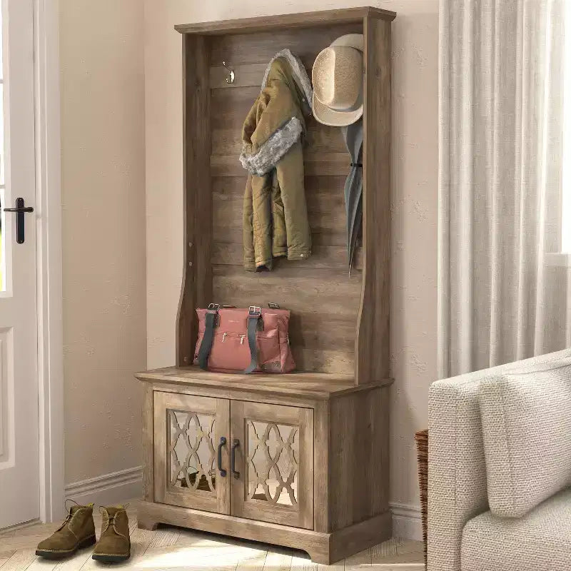 Meuble d'entrée GALANO avec banc et miroir de rangement en chêne noueux 31,3 L x 15,7 P x 68,3 H