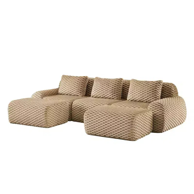 Canapé modulable en U 114 en flanelle, 3 places, pouf à boucle, aucun assemblage requis, camel clair