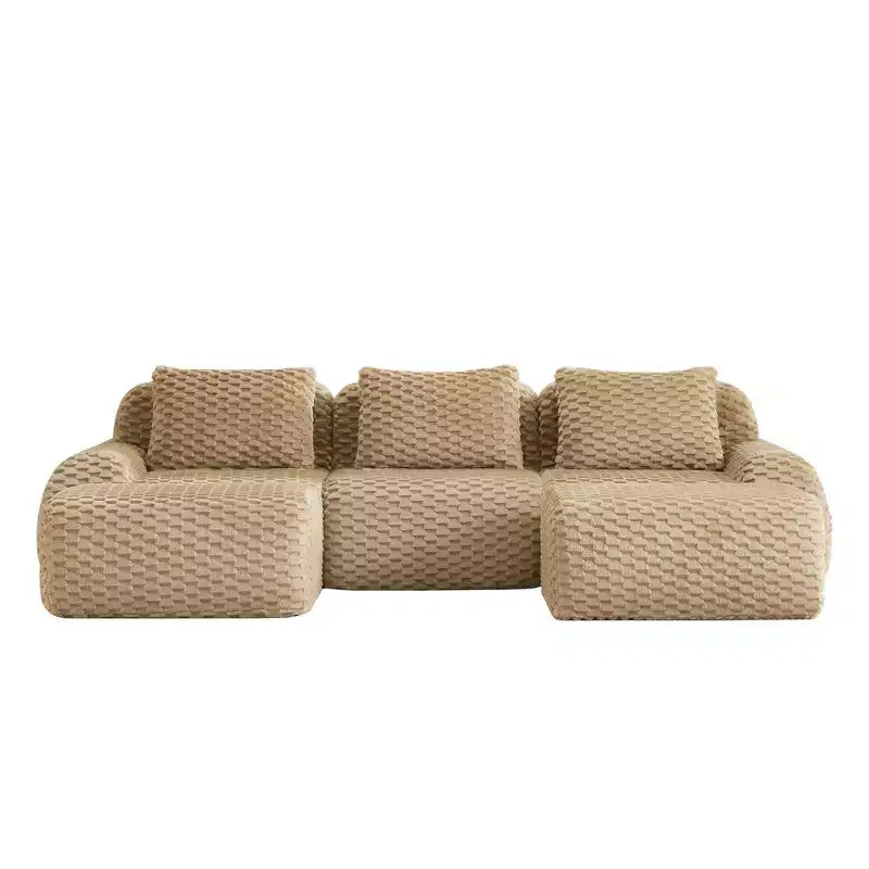 Canapé modulable en U 114 en flanelle, 3 places, pouf à boucle, aucun assemblage requis, camel clair