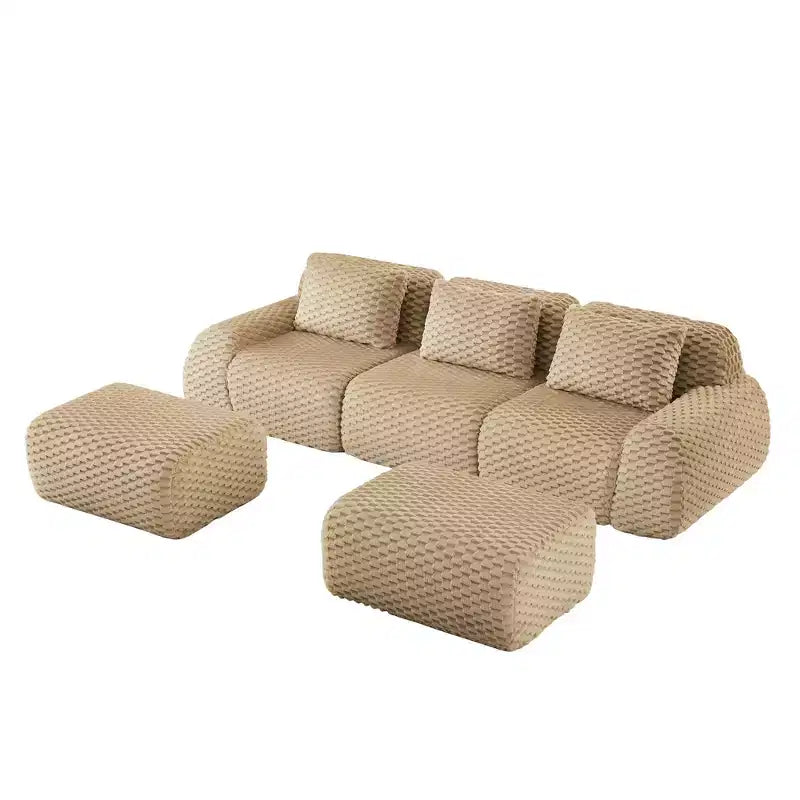 Canapé modulable en U 114 en flanelle, 3 places, pouf à boucle, aucun assemblage requis, camel clair