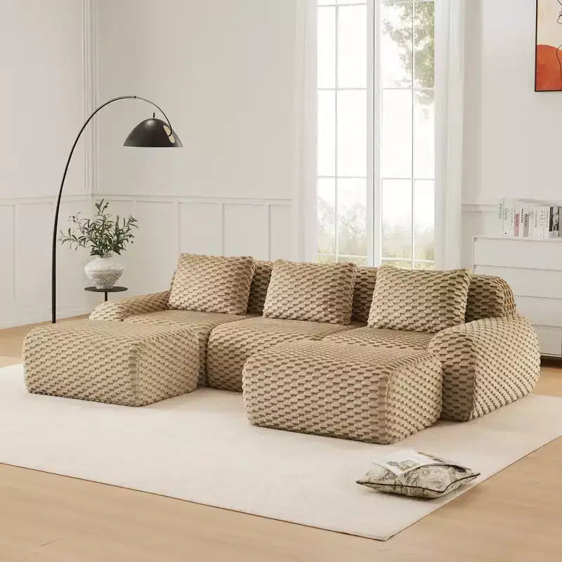 Canapé modulable en U 114 en flanelle, 3 places, pouf à boucle, aucun assemblage requis, camel clair