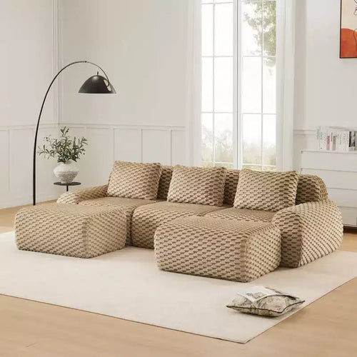 Canapé modulable en U 114 en flanelle, 3 places, pouf à boucle, aucun assemblage requis, camel clair