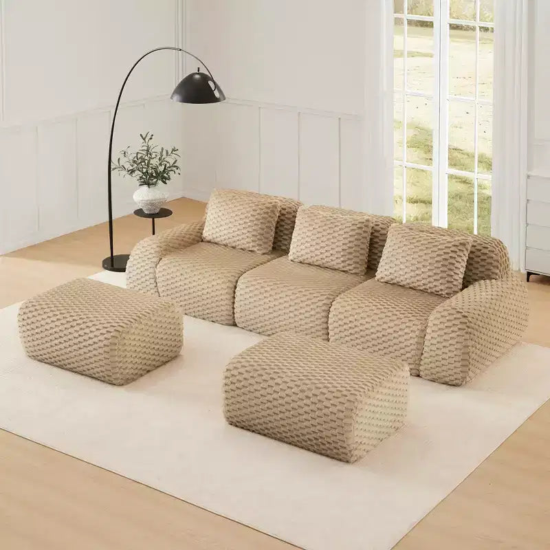 Canapé modulable en U 114 en flanelle, 3 places, pouf à boucle, aucun assemblage requis, camel clair