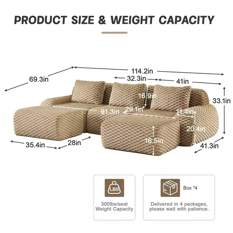 Canapé modulable en U 114 en flanelle, 3 places, pouf à boucle, aucun assemblage requis, camel clair