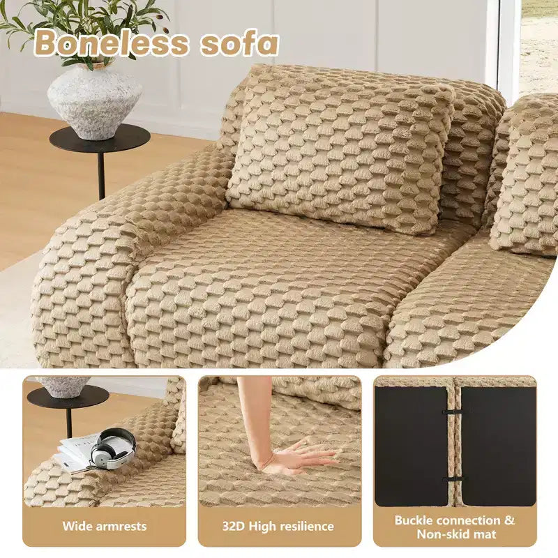 Canapé modulable en U 114 en flanelle, 3 places, pouf à boucle, aucun assemblage requis, camel clair