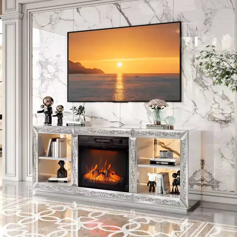 Meuble TV de cheminée miroir diamant de 56 po pouvant accueillir un téléviseur jusqu'à 70 po avec cheminée de 18 po