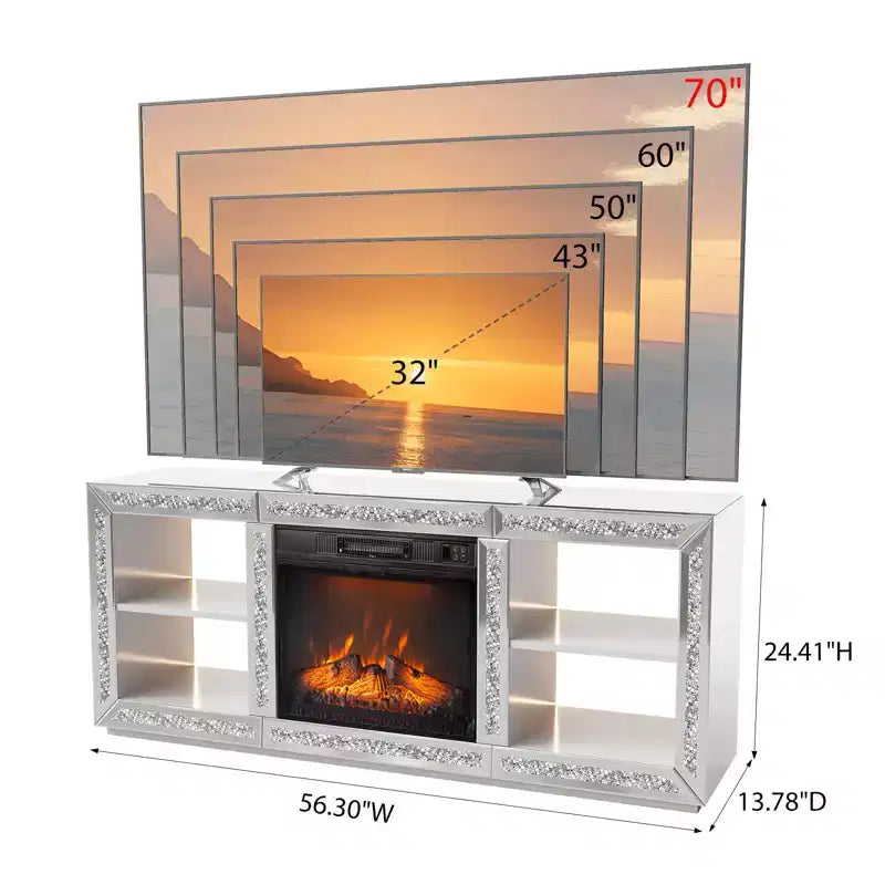 Meuble TV de cheminée miroir diamant de 56 po pouvant accueillir un téléviseur jusqu'à 70 po avec cheminée de 18 po