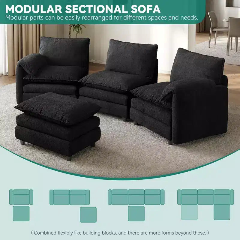 Canapés modulaires en forme de L, canapé nuage rembourré, ensemble de canapés avec poufs 2 places, canapé confortable sans assemblage