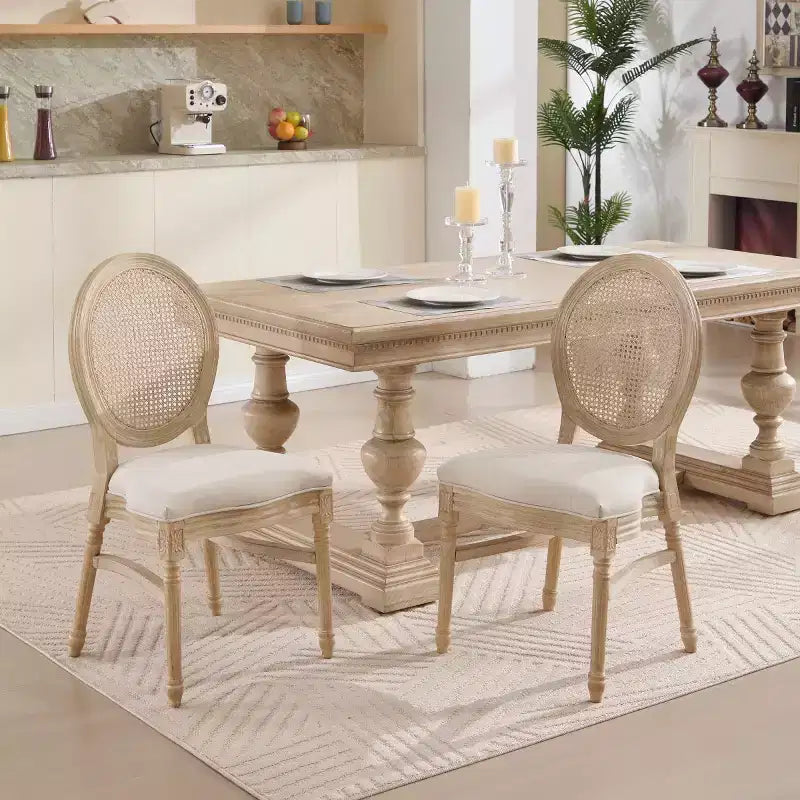 Lot de 2 chaises de salle à manger rustiques françaises rembourrées avec dossier rond en rotin, chaises de cuisine sans accoudoirs en bois massif de style ferme pour salle à manger - Panipeachy