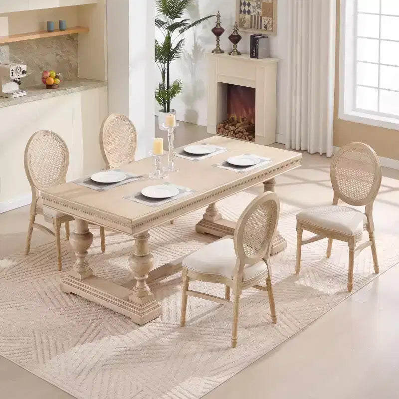 Lot de 2 chaises de salle à manger rustiques françaises rembourrées avec dossier rond en rotin, chaises de cuisine sans accoudoirs en bois massif de style ferme pour salle à manger - Panipeachy