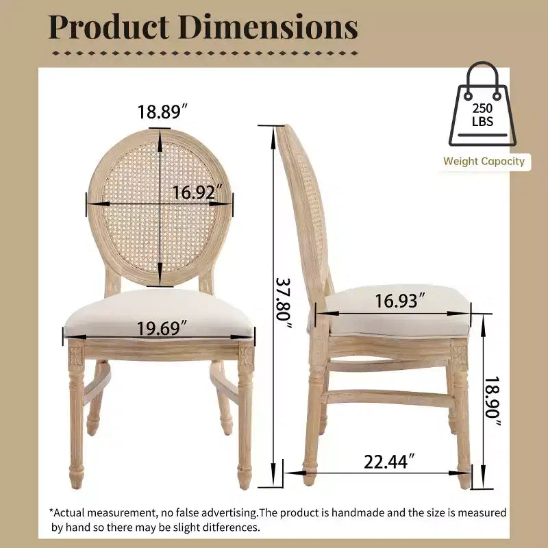 Lot de 2 chaises de salle à manger rustiques françaises rembourrées avec dossier rond en rotin, chaises de cuisine sans accoudoirs en bois massif de style ferme pour salle à manger - Panipeachy
