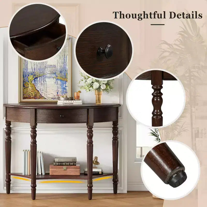 Console demi-lune de style campagnard français, table d'entrée rustique avec tiroir et étagère de rangement - Panipeachy