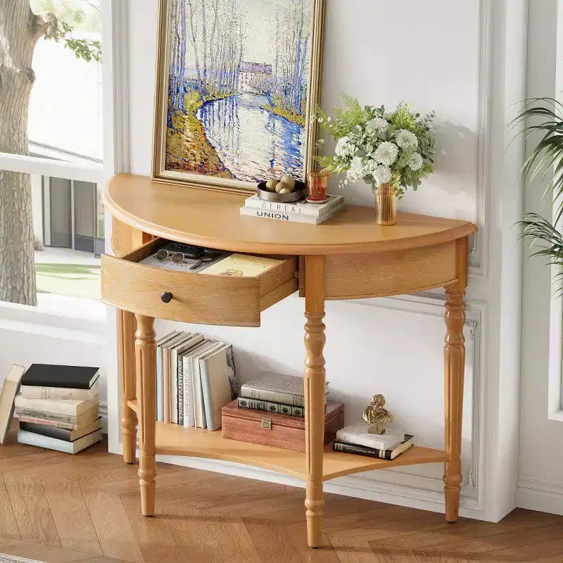 Console demi-lune de style campagnard français, table d'entrée rustique avec tiroir et étagère de rangement - Panipeachy