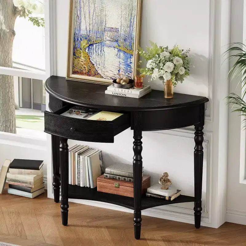 Console demi-lune de style campagnard français, table d'entrée rustique avec tiroir et étagère de rangement - Panipeachy