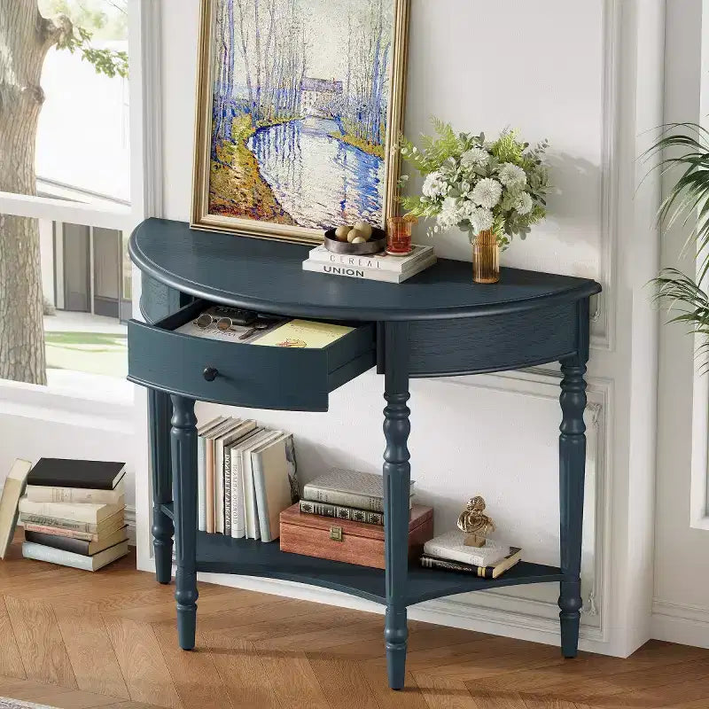 Console demi-lune de style campagnard français, table d'entrée rustique avec tiroir et étagère de rangement - Panipeachy