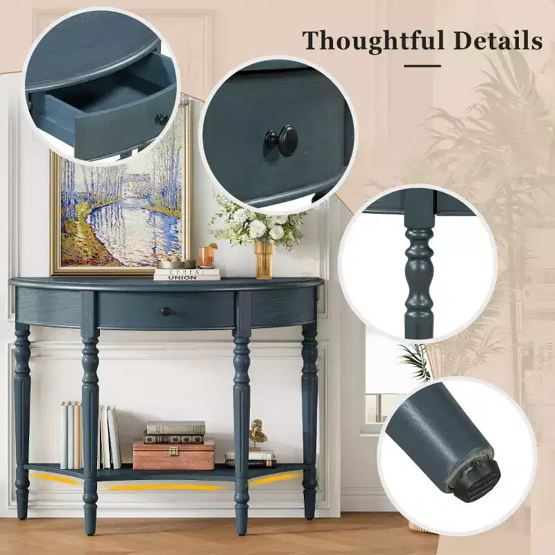 Console demi-lune de style campagnard français, table d'entrée rustique avec tiroir et étagère de rangement - Panipeachy