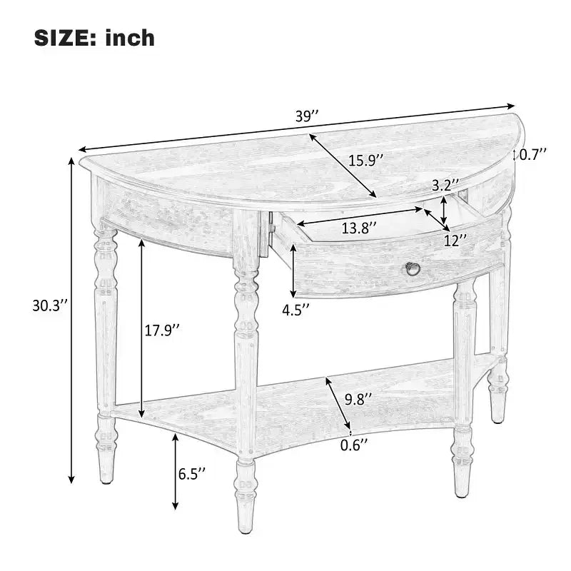 Console demi-lune de style campagnard français, table d'entrée rustique avec tiroir et étagère de rangement - Panipeachy