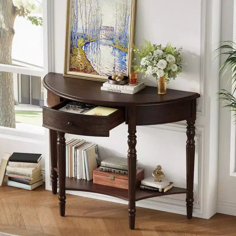 Console demi-lune de style campagnard français, table d'entrée rustique avec tiroir et étagère de rangement - Panipeachy