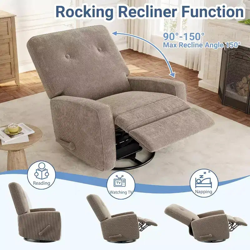 Fauteuil inclinable surdimensionné Acekool avec fonction pivotante et basculante, lin, fauteuil inclinable et coulissant à 360° pour salon, chambre