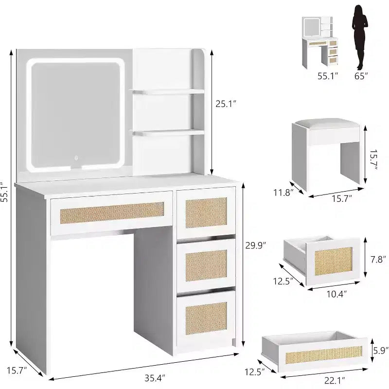 COZONY Coiffeuse en rotin avec miroir et lumière LED réglable, grande coiffeuse de rangement avec 4 tiroirs et étagères ouvertes à 2 niveaux pour chambre à coucher, blanc