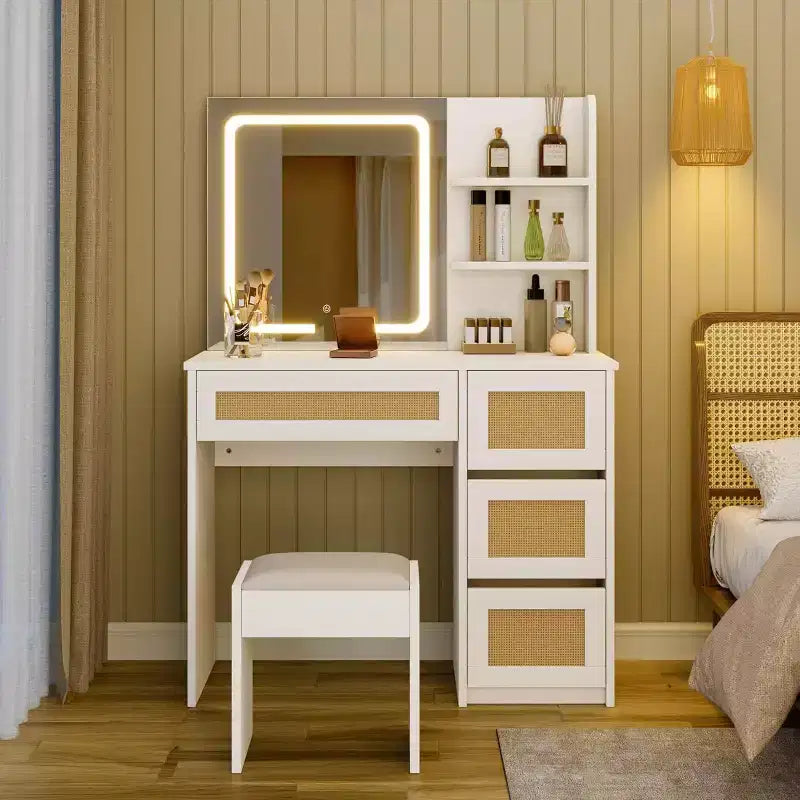 COZONY Coiffeuse en rotin avec miroir et lumière LED réglable, grande coiffeuse de rangement avec 4 tiroirs et étagères ouvertes à 2 niveaux pour chambre à coucher, blanc