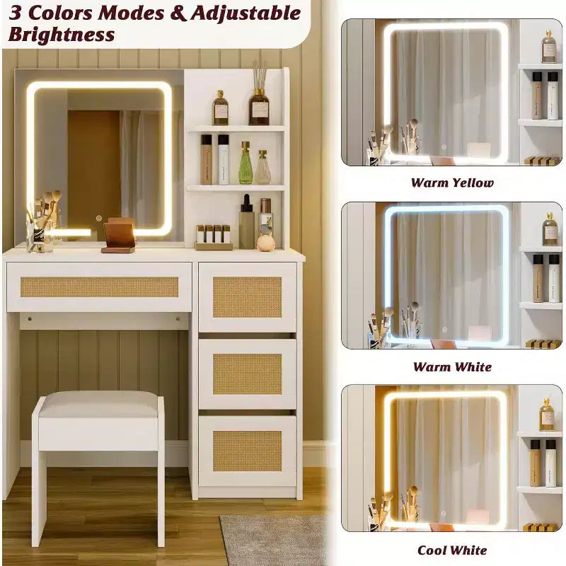 COZONY Coiffeuse en rotin avec miroir et lumière LED réglable, grande coiffeuse de rangement avec 4 tiroirs et étagères ouvertes à 2 niveaux pour chambre à coucher, blanc