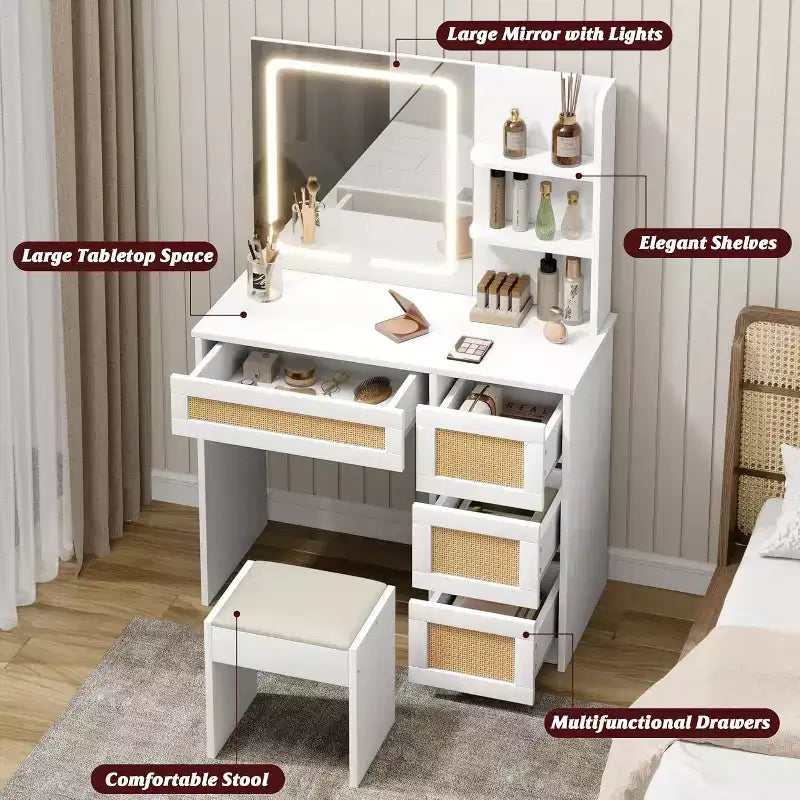 COZONY Coiffeuse en rotin avec miroir et lumière LED réglable, grande coiffeuse de rangement avec 4 tiroirs et étagères ouvertes à 2 niveaux pour chambre à coucher, blanc
