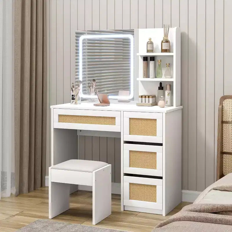 COZONY Coiffeuse en rotin avec miroir et lumière LED réglable, grande coiffeuse de rangement avec 4 tiroirs et étagères ouvertes à 2 niveaux pour chambre à coucher, blanc