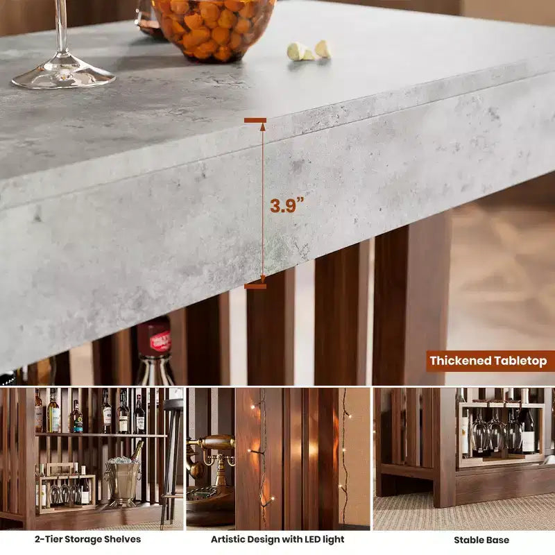 Table de bar longue de 63 pouces, table de pub à hauteur de comptoir avec 2 étagères de rangement, unité de bar de petit-déjeuner moderne pour salon, salle à manger, bistrot