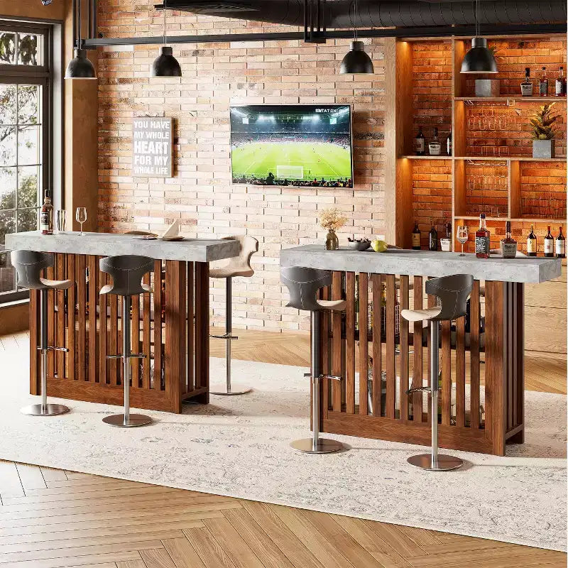 Table de bar longue de 63 pouces, table de pub à hauteur de comptoir avec 2 étagères de rangement, unité de bar de petit-déjeuner moderne pour salon, salle à manger, bistrot