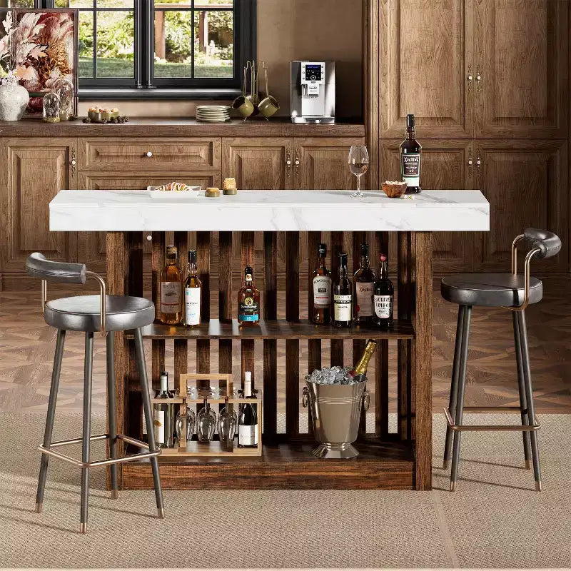 Table de bar longue de 63 pouces, table de pub à hauteur de comptoir avec 2 étagères de rangement, unité de bar de petit-déjeuner moderne pour salon, salle à manger, bistrot